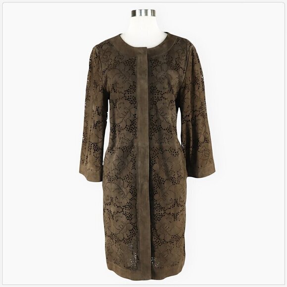 Jigsaw Suede 100% Leather Laser Cut Long Brown Olive Snap Front Coat Jacket M - Picture 2 of 7